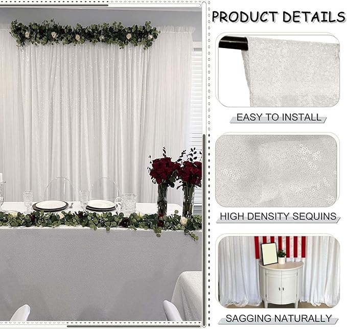 White Sequin Backdrop Curtain 8FTx8FT 1 Panel White Sequin Background for Parties Glitter Backdrop Curtain for Wedding Baby Shower Photo