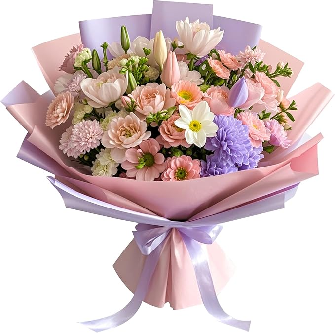 LeZakaa 20 Sheets Flower Wrapping Paper - Waterproof Reversible Floral Bouquet Paper - Pink and Purple Design for Valentine's Day, Mother's Day, Parties, Birthdays, Weddings, Baby Shower