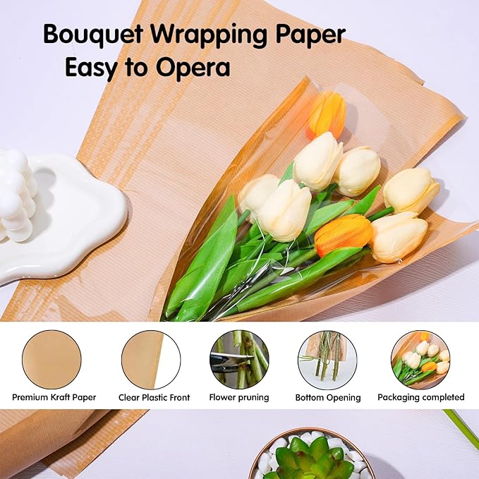 llqjjhh 50Pcs Flower Bags for Bouquets,Kraft Wrapping Bags,Floral Sleeves Wrapping Paper,9.8x18 Inch with Ribbons，for Home,Mother’s Day,Wedding,Birthday,Graduation,Flower Bar Supplies（Brown）