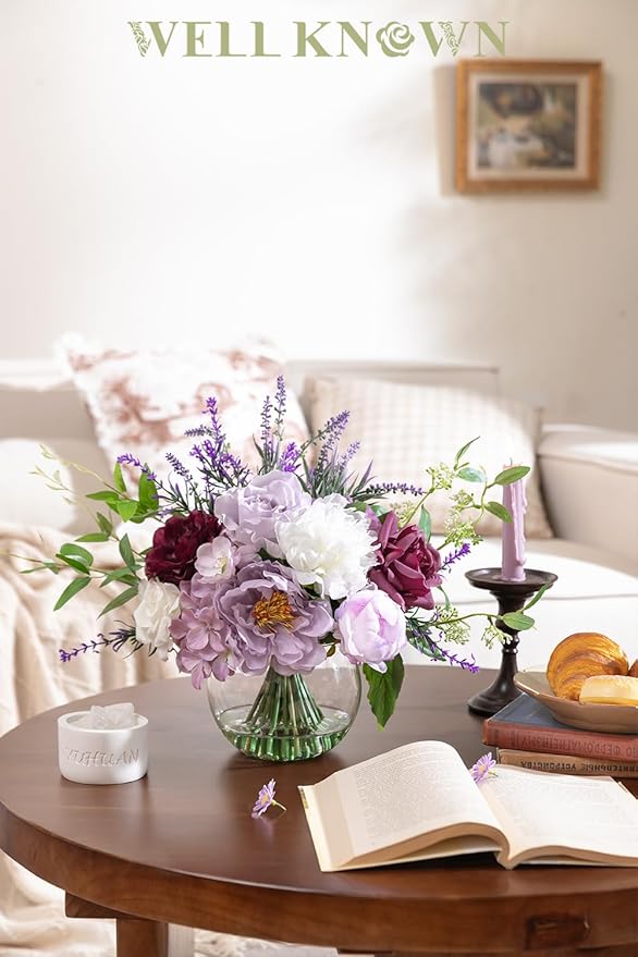 Artificial Flowers in Vase for Home Decor, Fake Lavender & Silk Peony Flower Bouquet Centerpieces in Glass Vase with Fake Water for Party Wedding Dinning Table Office Hotel Decor (Lavender Mixed Plus)