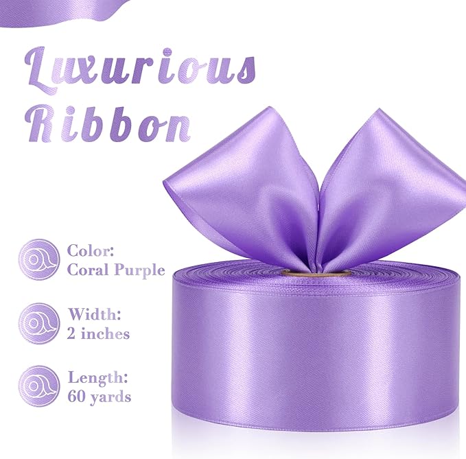 Lavender Satin Ribbon 2 Inch 60 Yards, Polyester Fabric Ribbon for Flower Bouquet, Wedding, Crafts, Gift Wrapping, Baby Shower, DIY Bows and Outdoor Decor