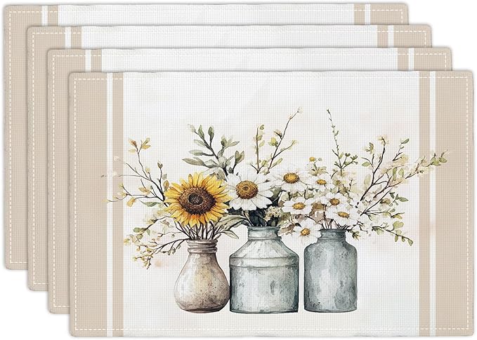 Farmhouse Sunflower Placemats Set of 4, Rustic Daisy Place Mats, Country Dining Table Mats, Washable Spring Placemats for Kitchen Dining Room Home Decor 18L'' × 12W''
