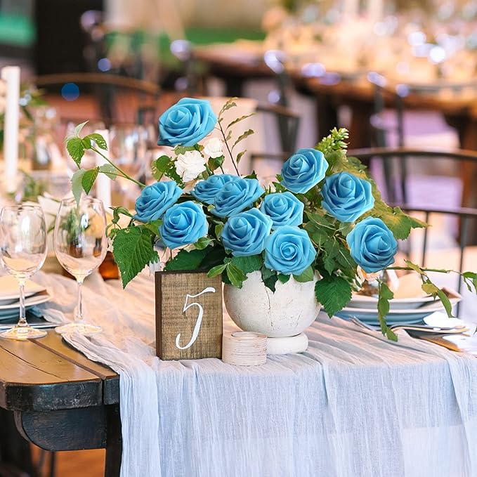 JOYLEX Artificial Flowers Realistic Roses, 25pcs Light Blue Real Looking Fake Roses with Stem for DIY Wedding Bouquets Centerpieces Bridal Shower Party Home Romantic Decorations (25pcs, Light Blue)
