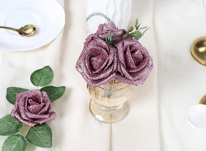 IPOPU Rose Gold Roses, 25pcs Foam Glitter Roses Glitter Flowers Foam Rose with Stem for DIY Wedding Bridal Bouquet Home Party Decoration(Rose Gold)