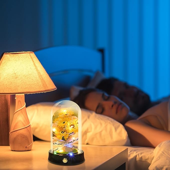 QUELIEN Sunflower Lamp for Nightstand Decor - Glass Dome with Artificial Sunflowers, Warm Light Home Decor for Bedroom/Office, Unique Mother's Day/Xmas/Wedding Gifts for Women