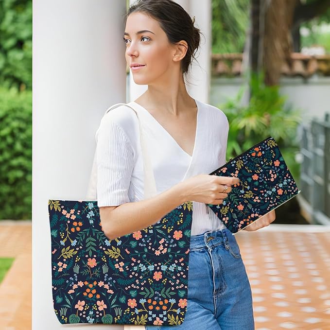 Aesthetic Floral Tote Bag Makeup Bag Flower Decor Gifts for Girls Christmas Shopping Grocery Bags Cosmetic Bags
