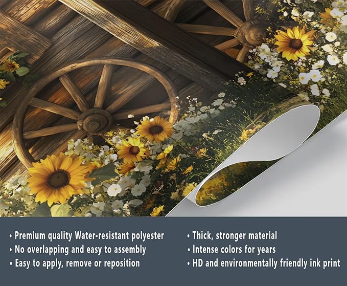 KIREUPA Rustic Cabin Sunflower Wall Mural, Vintage Cottage Door Sunflower 3d Wall Murals, Farmhouse Nature Wallpaper Mural, for Living Room Bedroom Large Wallpaper Indoor Decor 98.4" W x68.9 H