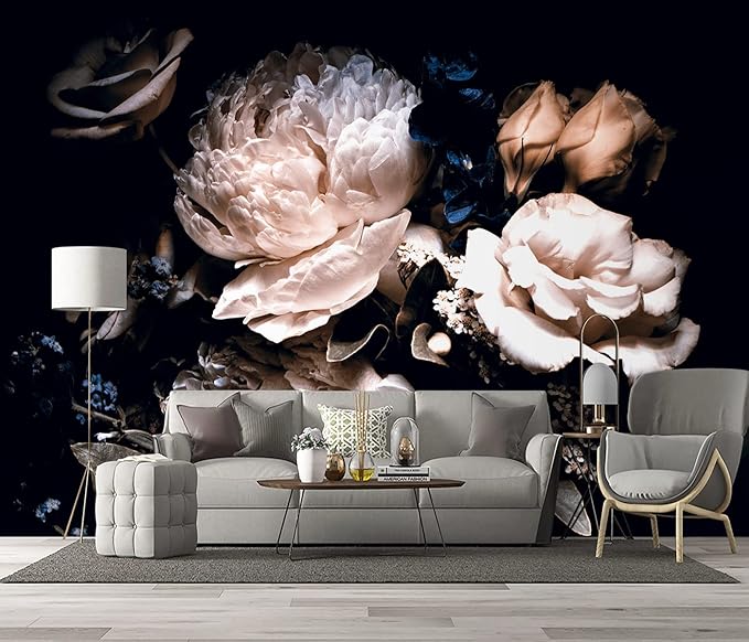 Black Peony Floral Wallpaper Bedroom Pink Botanical Flowers Leaf murals Living Room tv Background Large Wall Mural Aesthetic Room Decor - 160"x108" Not Peel and Stick