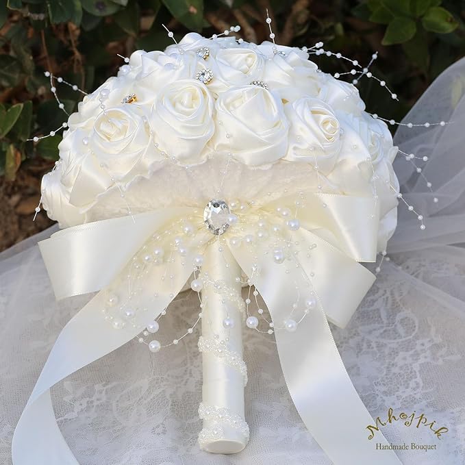 Bridal Wedding Bouquet Round Bling Brooch Bouquet Throw Toss Artificial Rose Flower Bunch for Bride Bridesmaid Wedding Quinceanera(Ivory, 8.7")