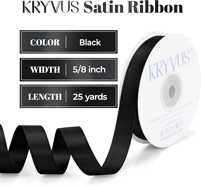 Black Satin Ribbon, Double Faced 5/8 Inch X 25 Yards Black Ribbon, Premium Satin Ribbons for Gift Wrapping, Crafts, Hair Bow Making, Sewing, Flower Bouquet, Wedding Party Decor
