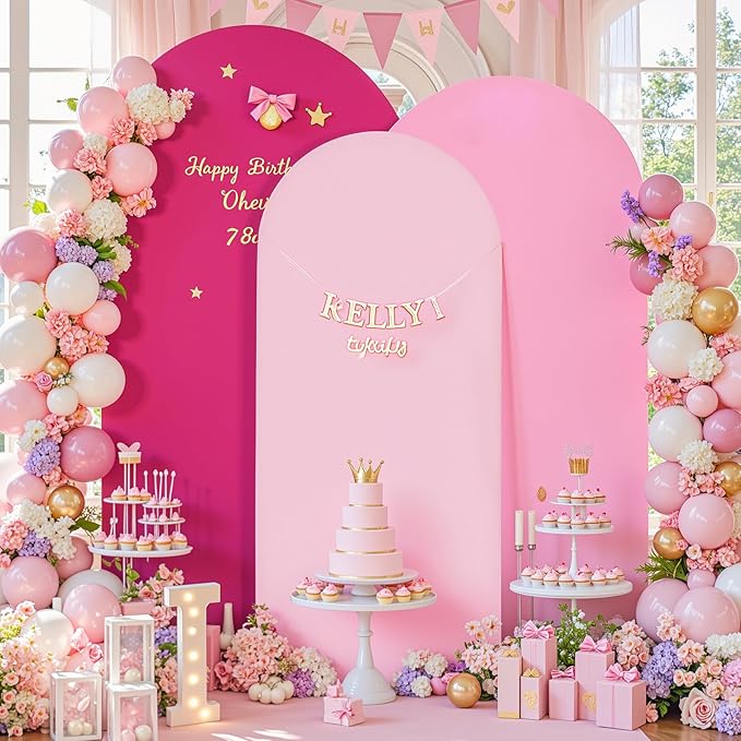 Gradient Pink Arch Backdrop Cover 8FT 7.2FT 6.6FT Arch Covers Stretchy Backdrop Set of 3, Party Arch Cover Spandex Fitted Fabric Hot Pink Wedding Arch Covers for Baby Shower Birthday Party Decoration
