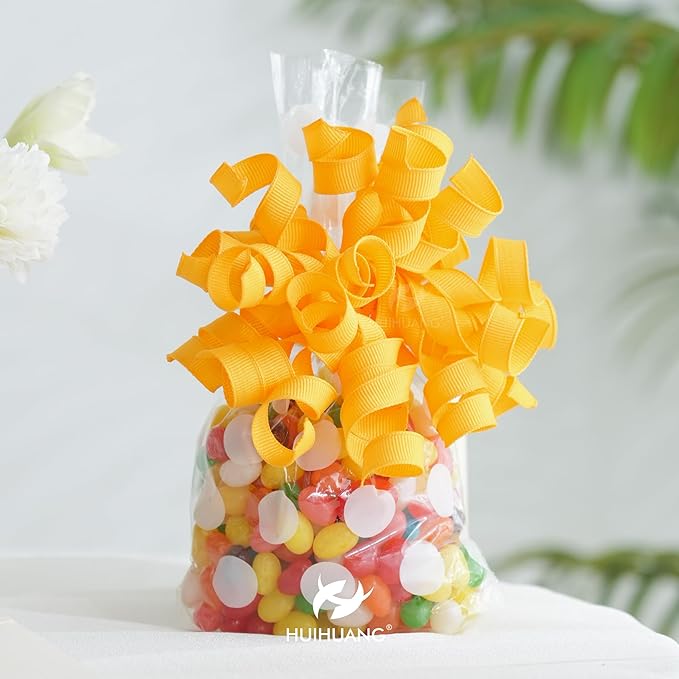 HUIHUANG Yellow Curly Ribbon Bows for Gift Wrapping, Yellow Gift Bows Self Adhesive Burst Gift Bows for Present Box, Wine Bottle, Treat Bags, Wrap Accessories, Party Favor - 6 Counts