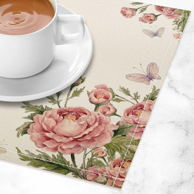 Pink Flowers Placemats Set of 4, 17x12 Inch Rustic Farmhouse Romantic Spring Floral Blossom Butterfly Table Mats for Home Party Kitchen Dining Decor