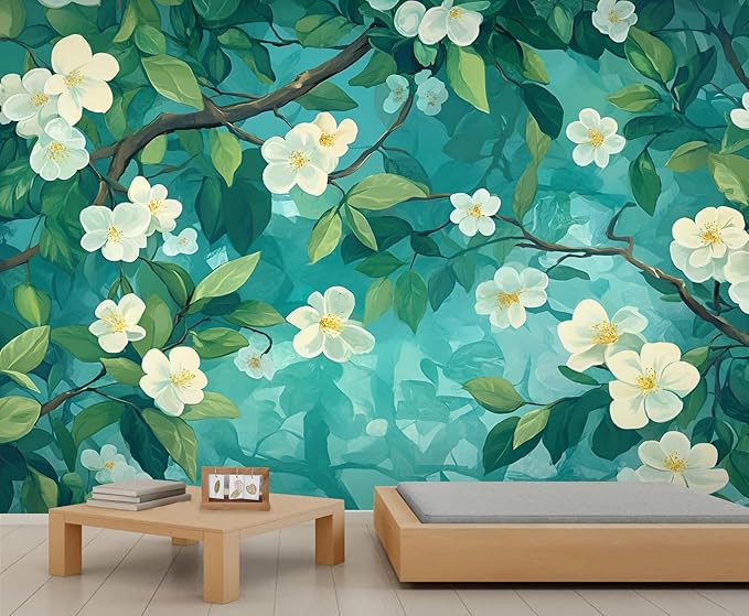 Jasmine Blossom Wall Mural, Elegant Floral Landscape 3D Wall Murals, Nature Turquoise Botanical Wallpaper Mural, for Living Room Bedroom Large Wallpaper Indoor Decor 118" W x 82.6 "H