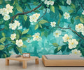 Jasmine Blossom Wall Mural, Elegant Floral Landscape 3D Wall Murals, Nature Turquoise Botanical Wallpaper Mural, for Living Room Bedroom Large Wallpaper Indoor Decor 98.4" W x68.9 H