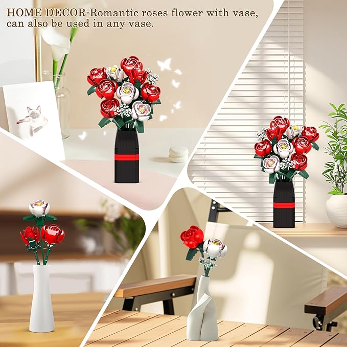 OKKIDY Roses Flowers Bouquet Building Set for Adults with Vase, Red Rose Artificial Flower Botanical Collection Plant Toy Kit, for Her Women Wife Mom, Home Decor(841PCS)
