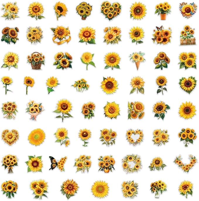 60 Pcs Sunflower Stickers, Transparent Waterproof Vinyl Decals, Aesthetic Floral Stickers for Journaling, Scrapbooking, Laptop, Water Bottle, Phone Case, Summer & Happy Theme Decoration