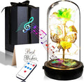 Birthday Rose Flower Gifts for Women, Glass Flower Gift for Mom from Daughter Son, Colorful Green Light Up Rose in Glass Dome with Music Box for Her Wife Grandma