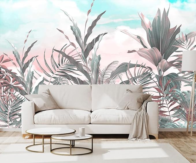 Tropical Leaves Flowers Seamless Pattern Mural, Wallpaper for Bedroom, Living Room, Bathroom Decorative Art Background Wall（Non-self-Adhesive）