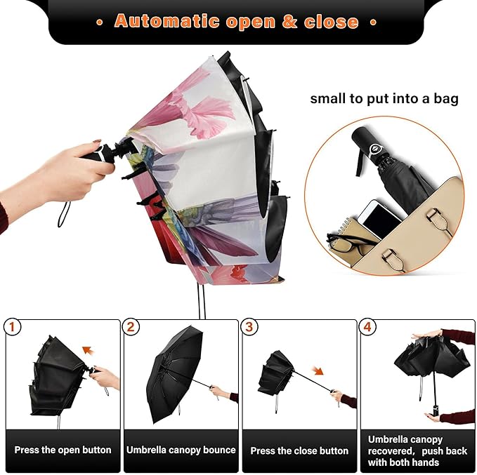 Automatic Folding Umbrella Windproof Strong, UV Protection Compact Floral Hydrangea Hummingbird Sun Rain Sun Rain Travel Umbrellas for Women Men