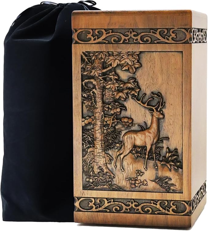 Wooden Cremation Urn for Human Wood Ashes Decorative Box Funeral Urns for Adult Male Female with Velvet Bag Burial or Memorial Keepsake (Deer(XL) 250lbs)