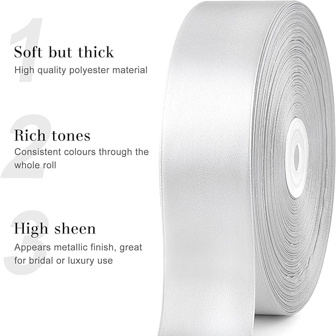 1-1/2 Inches 100 Yards Silver Satin Ribbon, Solid Fabric Ribbon Roll for Flower Bouquets, Gift Wrapping, Wedding, Handmade Crafts