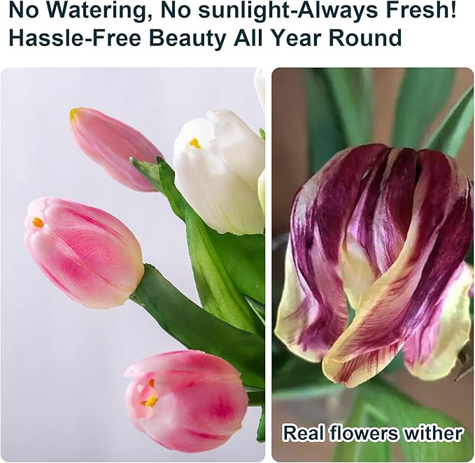 20PCS Fake Tulips Artificial Tulip Silk Flowers Fake PU Bouquet Artificial Flowers Faux Flowers with Gift Box Soft Faux Tulips Bouquets Arrangements for Party Wedding Home