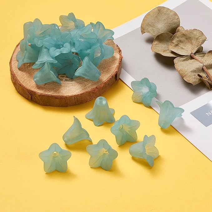 Crafans 50Pcs Frosted Acrylic Flower Beads 17.5x12x1.5mm Transparent Floral Pendants Clear Flower Bead Caps Loose End Spacer Beads for Jewelry Making (Light Cyan)