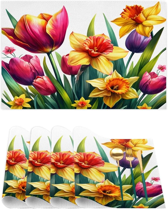 Spring Beautiful Flower Placemats Set of 4 PVC Vinyl Non Slip Table Mats Waterproof Heat Resistant Place Mats Washable Wipeable Dining Table Mat for Kitchen Party Indoor Outdoor Decorative