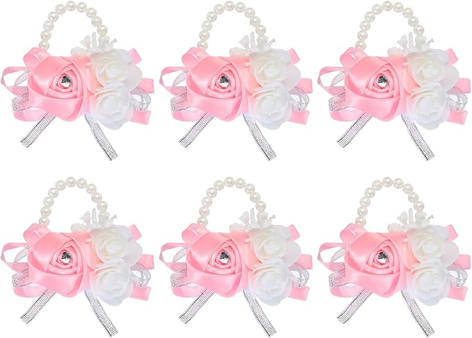 MECCANIXITY 6Pcs Wrist Corsage Artificial Flower Bracelets Rose Wrist Bride Groom Decorative for Wedding Ceremony Prom Party Anniversary Pink