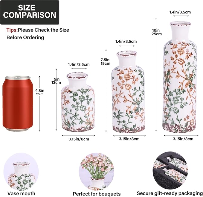 Farmhouse Ceramic Vase Set of 3 – Rustic Floral Pattern Decorative Vases for Home Decor, Vintage Country Style Table Centerpieces for Living Room, Shelf, Mantel & Entryway Decoration