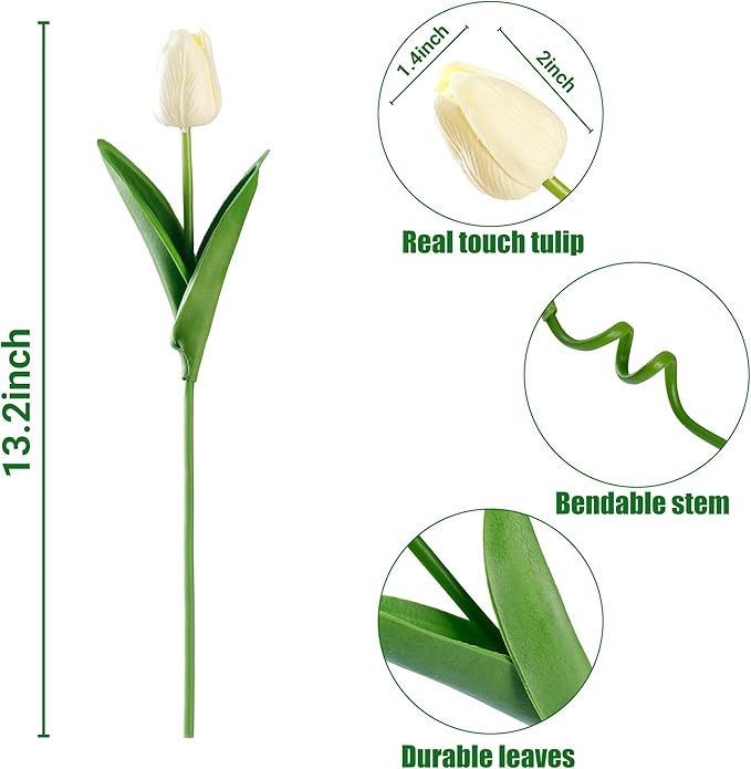 Sggvecsy 15 Pcs Fake Tulips Artificial Flowers Real Touch PU Faux Flowers Tulip Stems for Wedding Spring Bouquet Floral Arrangement Home Party Office Decorations for Mother's Day (Milk White)