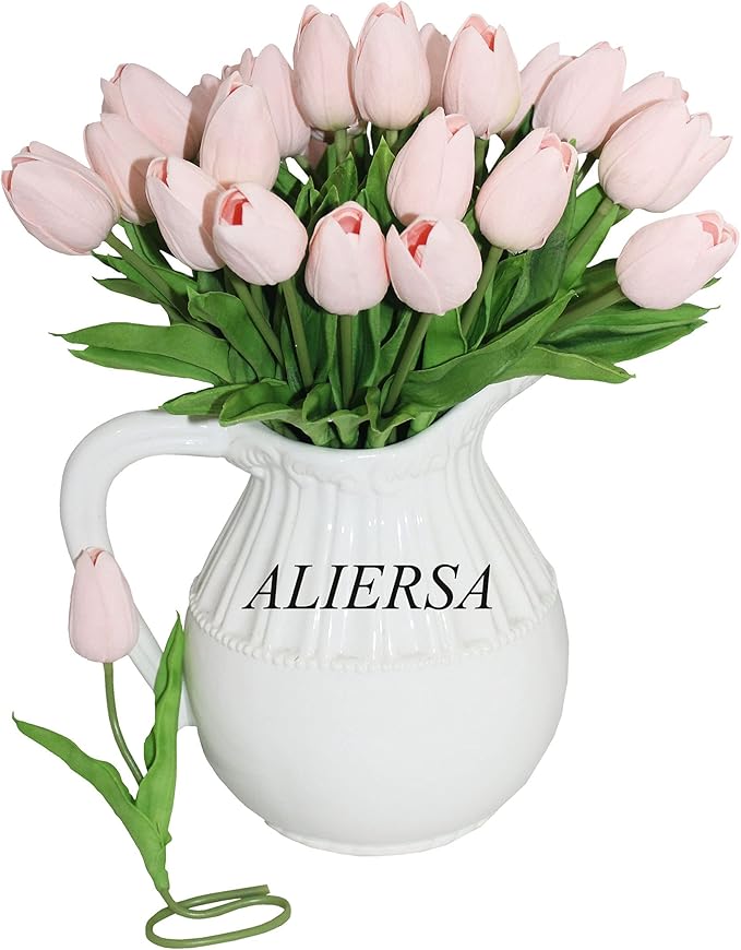 10-Heads Home Decor Mini Tulip Real Touch Tulip Artificial Flowers Bouquets for Home Wedding Party Centerpiece Decoration (Light Pink)