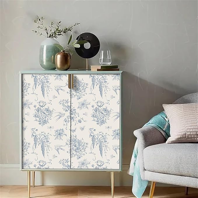 Cream White and Blue Peel and Stick Wallpaper Vintage Floral Contact Paper 16.9"x 196.8" Blue Floral Wallpaper Peel and Stick Birds Self Adhesive Removable Wall Paper for Bedroom Bathroom