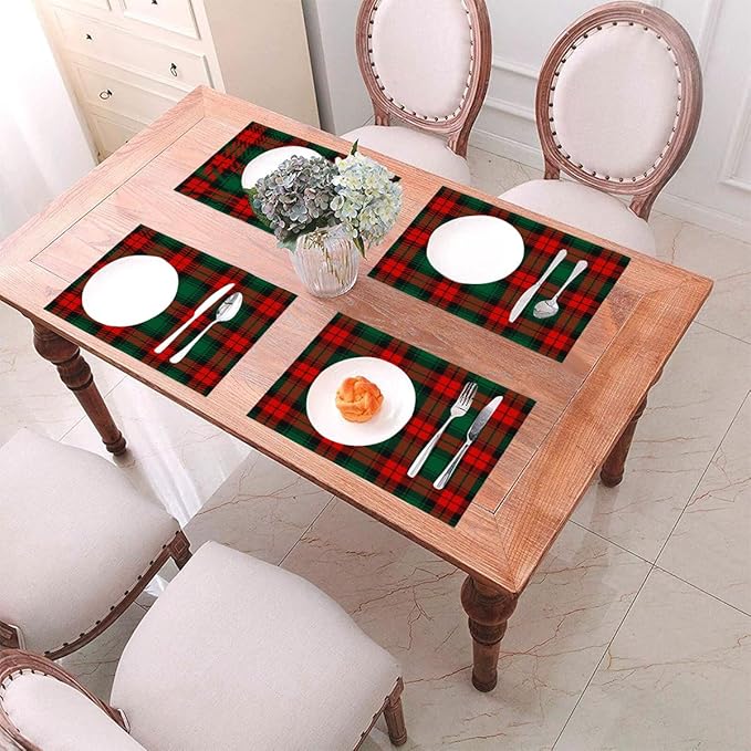 PVC Placemats Set of 1 Wipeable Table Mats Washable Heat Resistant Non Slip Vinyl Dining Table Mat for Kitchen Indoor Outdoor Patio Farmhouse Place Mats Christmas Green Red Grid Decorative