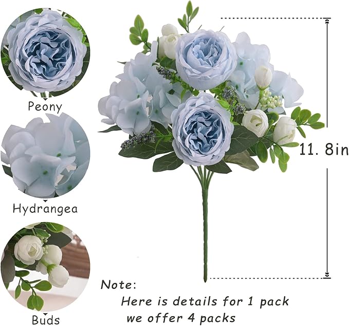 4 Bunches Artificial Flowers for Decoration Blue Peonies Fake Roses Arrangements Table Centerpiece Faux Flores for Wedding Home Vase Decor