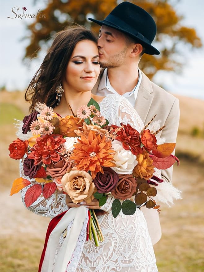 Serwalin Fall Flowers Artificial Flowers Burnt Orange Fake Cake Flowers for DIY Wedding Bridal Bouquet Centerpieces Floral Arrangement Fall Decor Baby Shower Home Decor