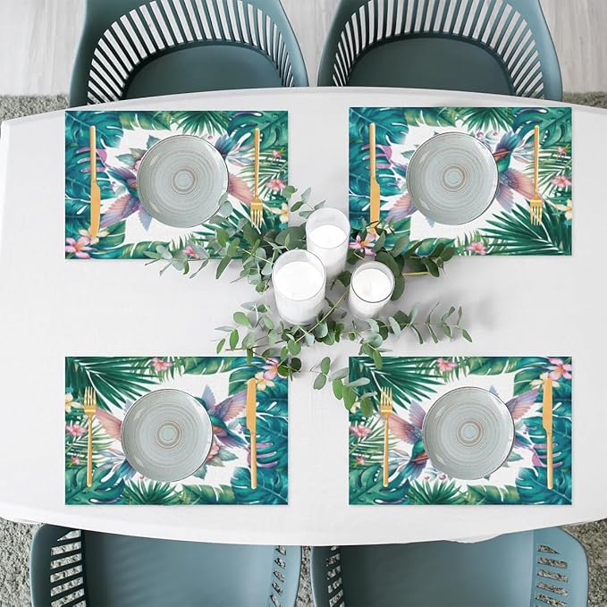 PVC Placemats Set of 4 Summer Palm Leaf Bird Wipeable Table Mats Washable Heat Resistant Non Slip Vinyl Dining Table Mat for Kithen Indoor Outdoor Patio Farmhouse Place Mats Decorative