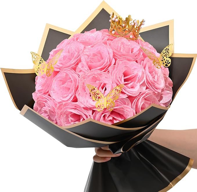 Waipfaru Glitter Roses Bouquet, DIY Fake Flowers Bouquet, Birthday Gifts for Women Mom, 24 Pcs Pink Rose for Grandma Wife Girlfriend Valentines, Mothers Day, Anniversary, Graduation