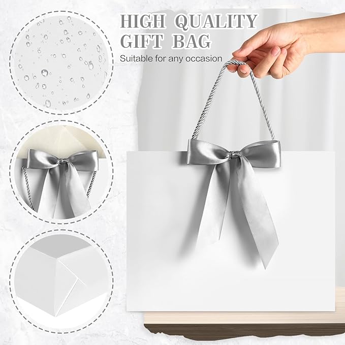 JMANNI Gift Bags, 2Pcs Paper Gift Bag with 4 Tissue Papers and 2 Cards, Present Bags with Handles for Women Girls Bridesmaid Birthday Valentines Wedding Party, White