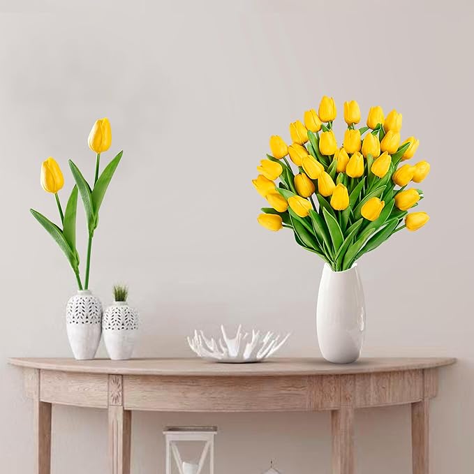 Sggvecsy 15 Pcs Fake Tulips Artificial Flowers Real Touch PU Faux Flowers Tulip Stems for Wedding Spring Bouquet Floral Arrangement Home Party Office Decorations for Mother's Day (Dark Yellow)