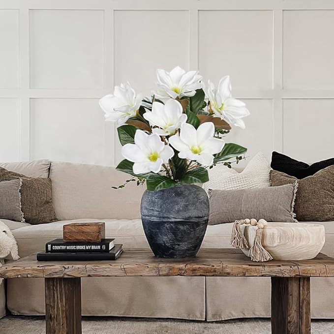 Briful Artificial Magnolia Flower Stems – 3PCS 29.5" Tall Faux White Magnolia Branches with Silk Flowers Realistic Floral Arrangements for Home Wedding Bouquets Vase Farmhouse Decor