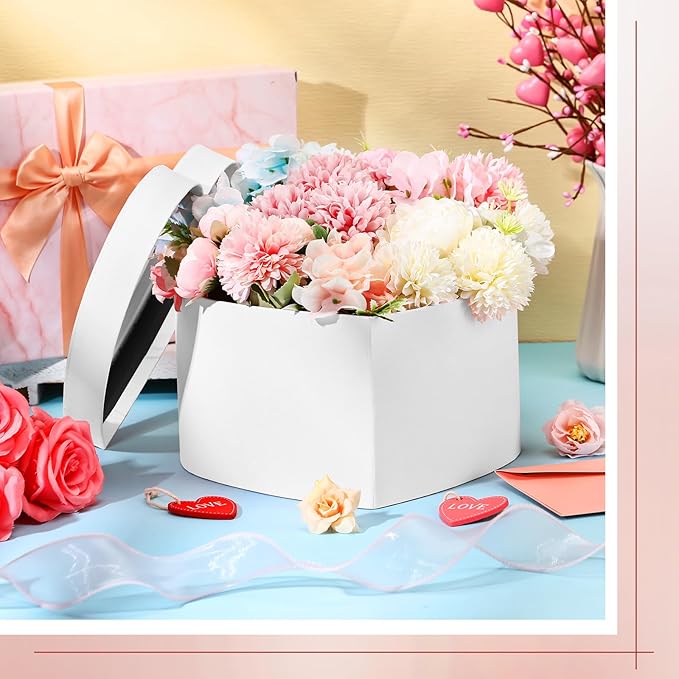 Nuenen Heart Shaped Flower Gift Boxes, Floral Gift Box with Lids Floral Foam Clear Cellophane 9.8 x 9 x 5 Inches for Birthday Wedding Proposal Packaging Arrangements(White)