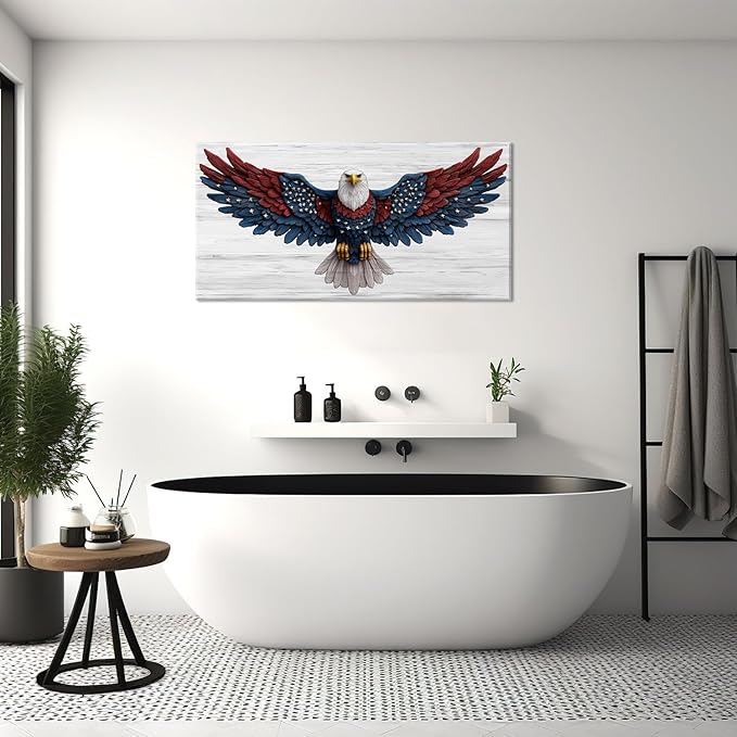 Bald Eagle Canvas Wall Art American Eagle Wall Décor -American Bald Red Blue Flag Canvas Wall Art Usa Independence Day Prints Painting Ready to Hang for Living Room, Bedroom, Office, Dorm 46L" x 23W"