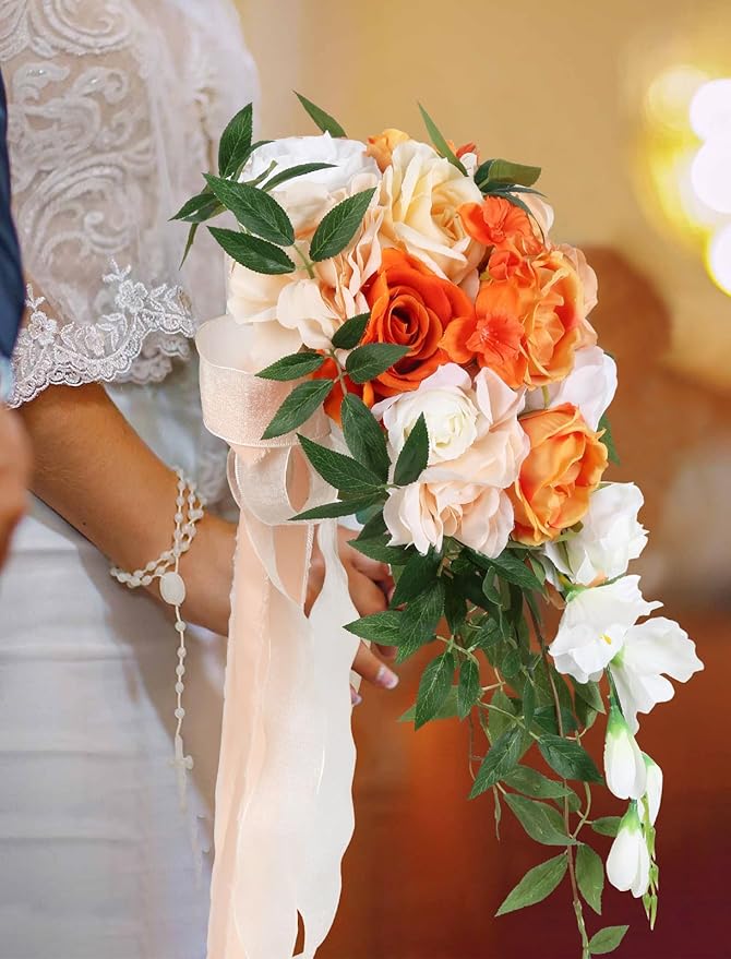 Wedding Bouquet,10 Inch Terracotta Bouquet Cascading Bridal Bouquets for Bride for Wedding Ceremony and Anniversary(Orange)