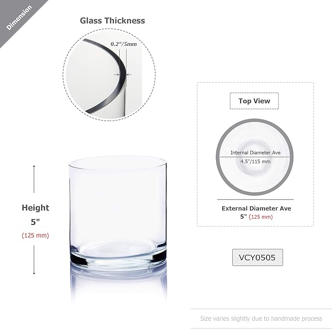 WGV Cylinder Vase Bulk, Diameter 5", Height 5", Clear Glass Floral Planter Container, Floating Candle Holder for Wedding Party Event Home Office Decor, 6 Pieces