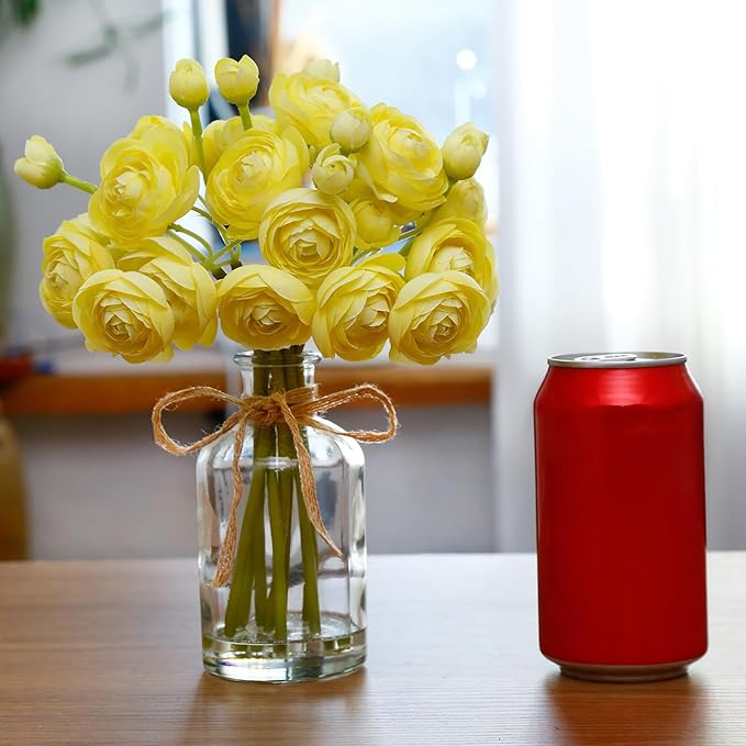 Ranunculus Artificial Flowers with Vase, 8 Pcs Faux Silk Ranunculus Flower in Vase, Small Flower Arrangements for Home Decor Indoor, Table Centerpiece. (Bright Yellow)