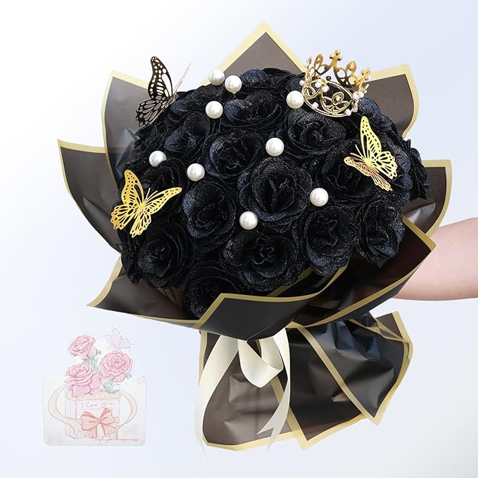 Glitter Roses Bouquet, Shiny Artificial Roses Flowers with Stems DIY Fake Glitter Flowers Bouquet for Valentine's Day, Mother's Day, Anniversary, Graduation, Birthday, Wedding, 50 Roses (Black)