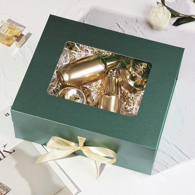 5 Pcs Green Gift Box for Presents with Ribbon 13.2x11x5.3 Inches Clear Gift Box with Window Magnetic Closure Gift Boxes with Lids