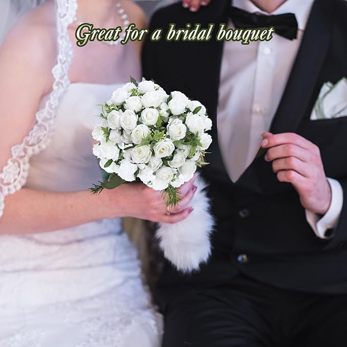 Zeyune 16 Bunches 12 Inch Artificial Mini Rose Bouquet 160 Heads Bridal Flower Bouquets Fake Silk Rose Bulk for Wedding Bridal Shower Christmas Home Office Garden Decoration(White)